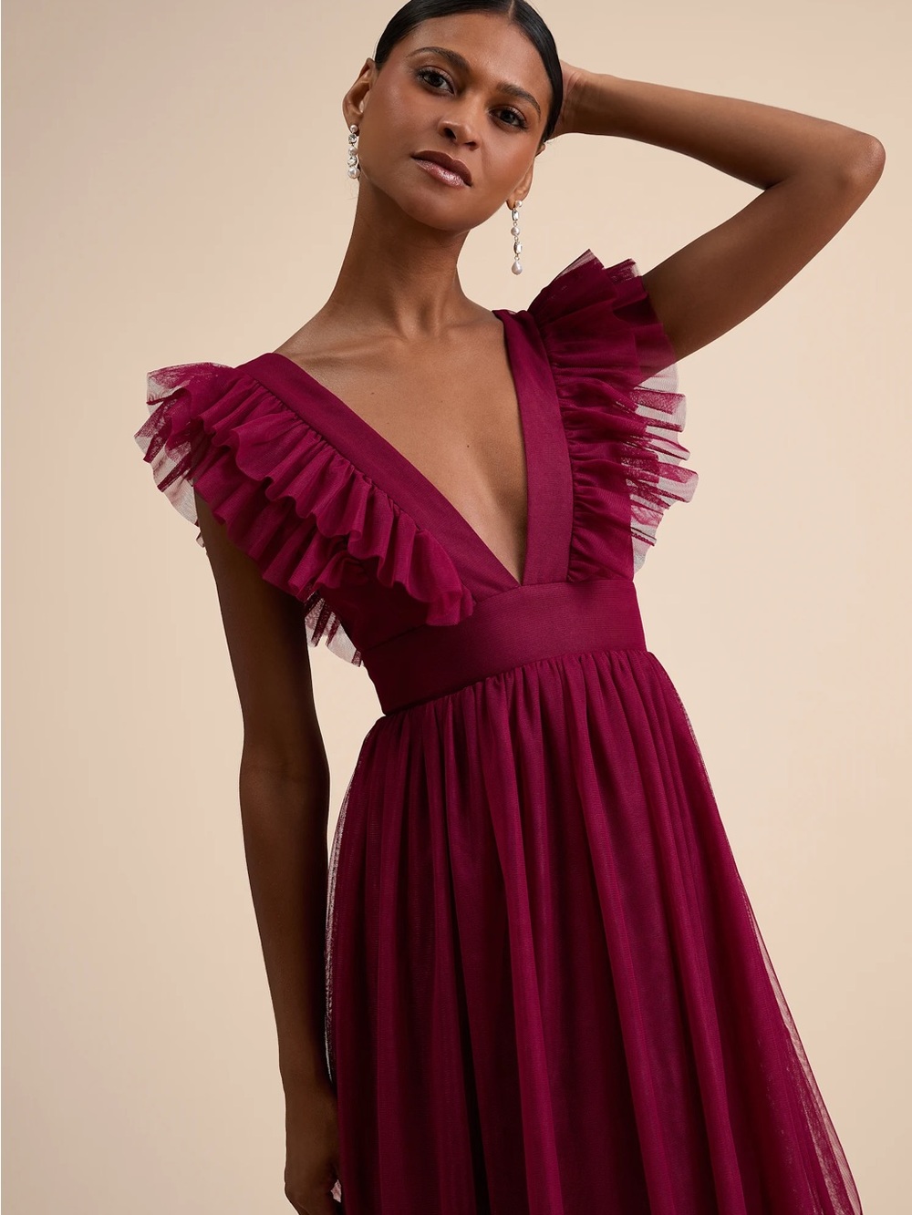 Lulu's Wine Ruffle V-Neck Tulle Dress
